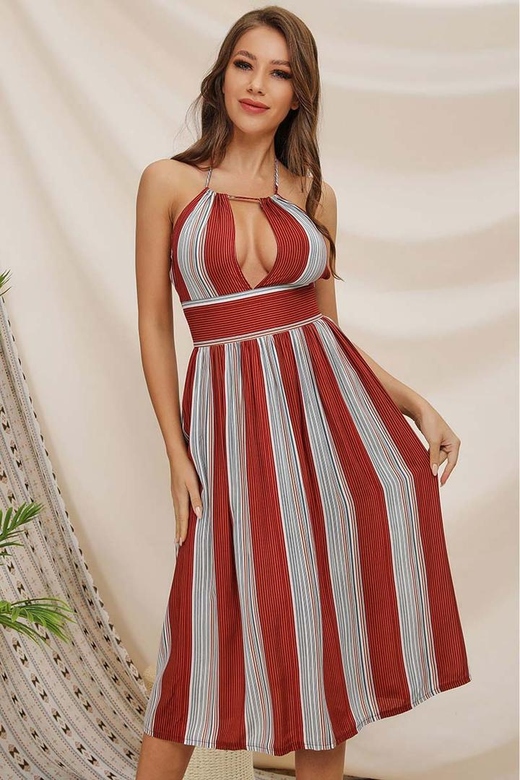 Sexy Halter Empire Waist Cutout Striped Dress for Alluring Nights