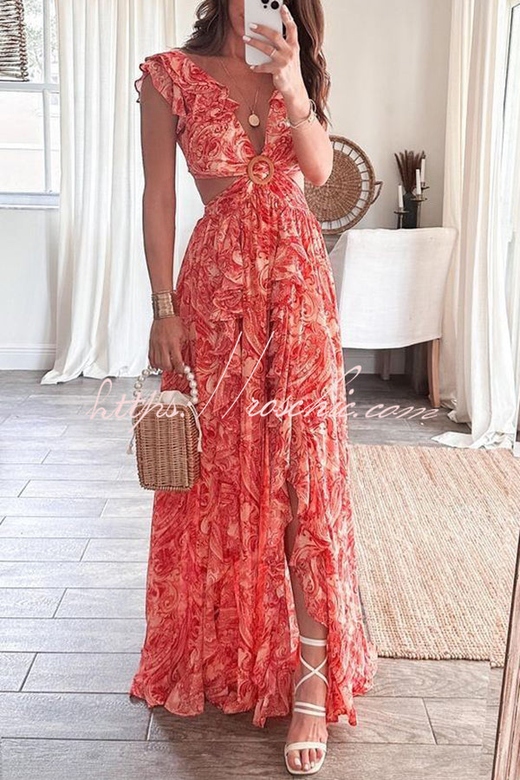 Boldest Bloom Ruffle Sleeve Cutout Maxi Dress