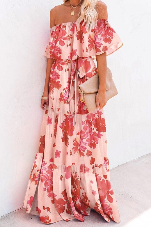 Floral Off-the-Shoulder Chiffon Maxi Dress for Romantic Elegance