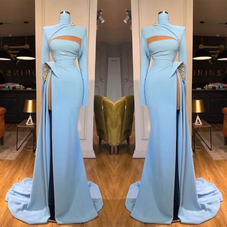 High-Neck Long Sleeves Mermaid Prom Dress with Side Slit