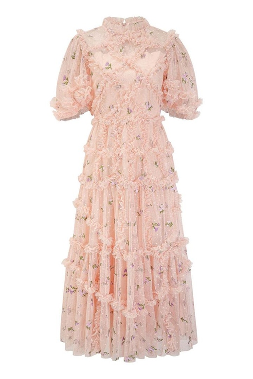 Fairy Floral Embroidered Puff-Sleeve Tiered Tulle Evening Maxi Dress with Ruffles