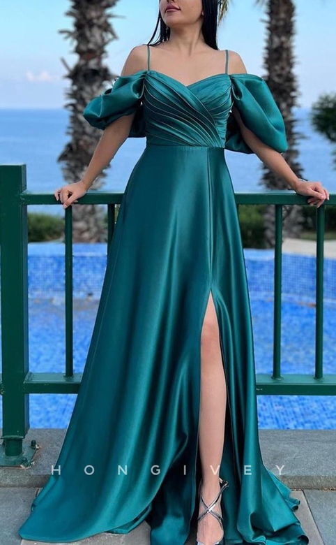 Sexy Satin A-Line Off-Shoulder Puff Sleeves Gown Ruched Party Gown