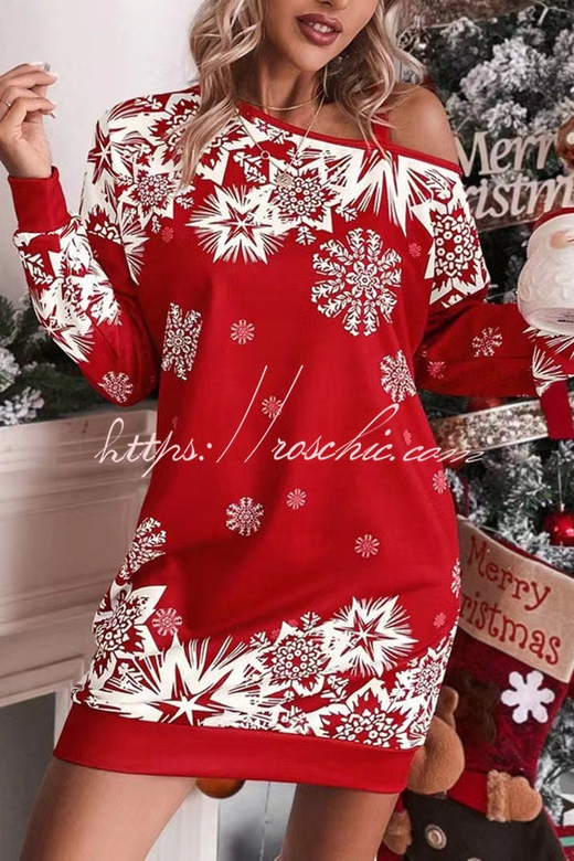 Christmas Snowflake Cold Shoulder Sweatshirt Mini Dress