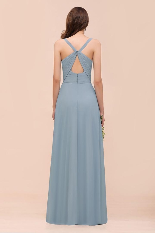 Elegant V-Neck Ruffle Dusty Blue Chiffon Bridesmaid Gowns