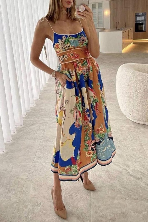 Casual Floral Patchwork U-Neck Printed Dresses