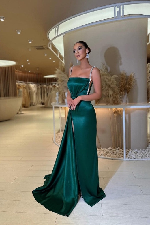 Dark Green Straps Long Slit Mermaid Prom Dress