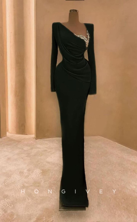 Ornate Satin Fitted Asymmetrical Long Sleeve Beaded Pleats Party Gown