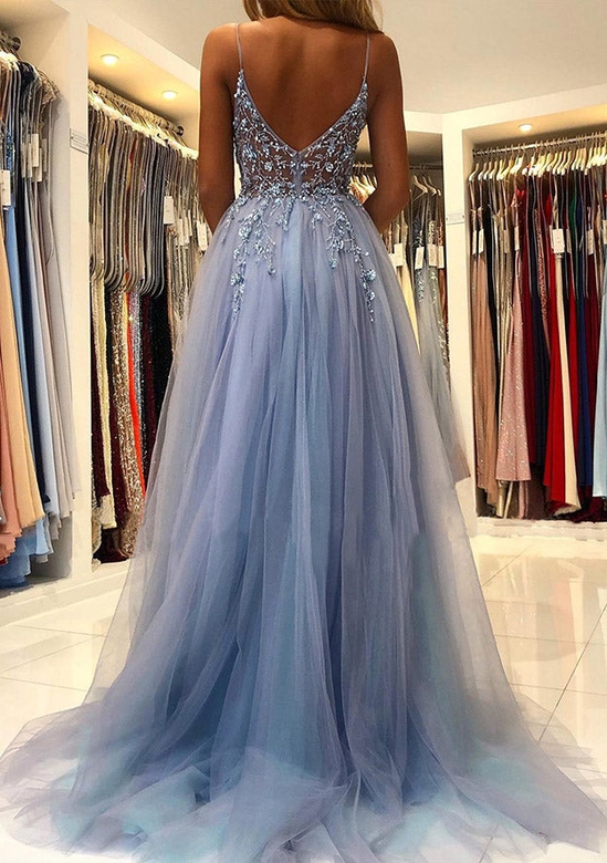 Beautiful A-Line V-Neck Tulle Beading Sequins Split Prom Dress