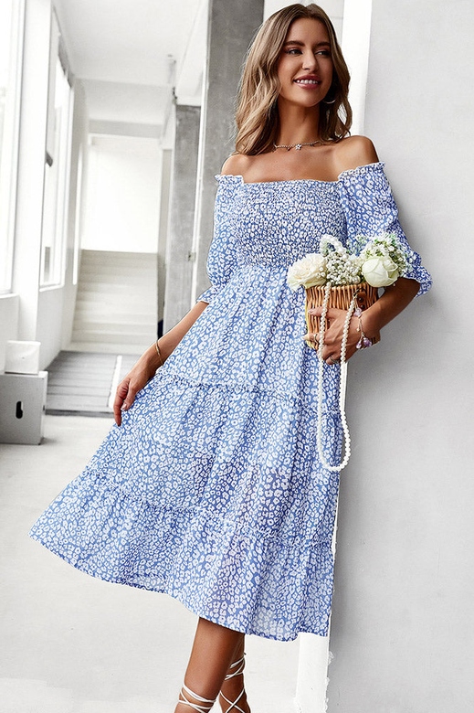 Blue Midi Off Shoulder A-Line Dress for Graceful Elegance