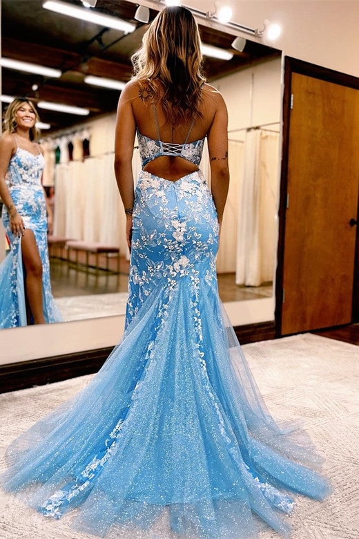 Sky Blue Spaghetti-Straps Long Appliques Mermaid Prom Dress