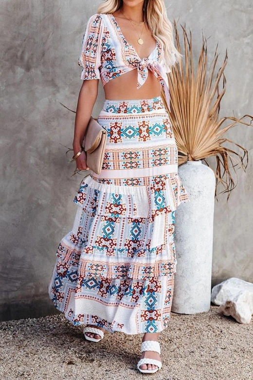 2 Pieces Floral Printed Summer Dress Set for Women