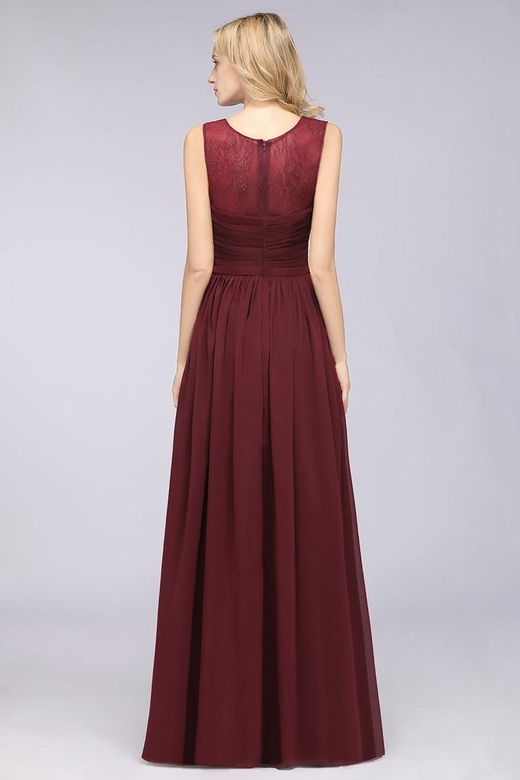 Modest Chiffon Lace Scoop Ruffle Burgundy Bridesmaid Dresses