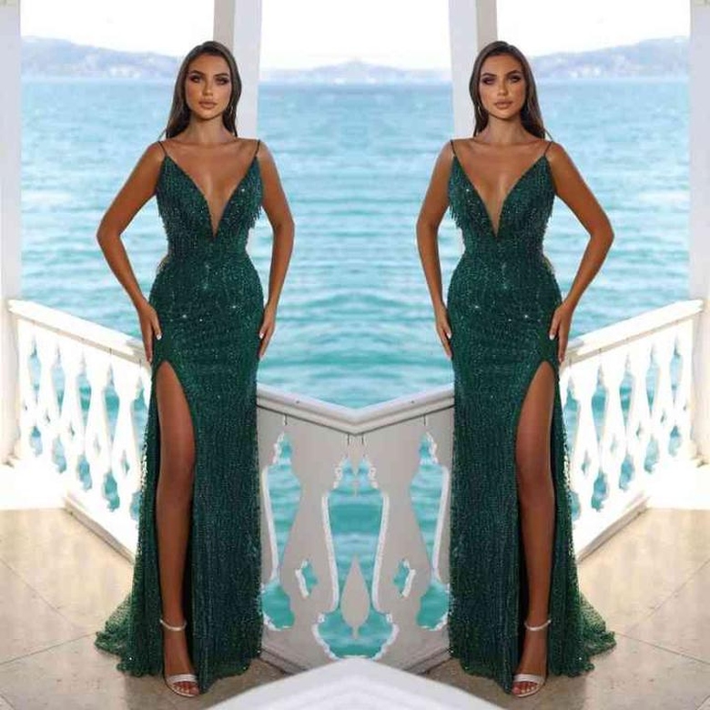 Dark Green Sleeveless Sequins Beads Slit Mermaid Prom Dress