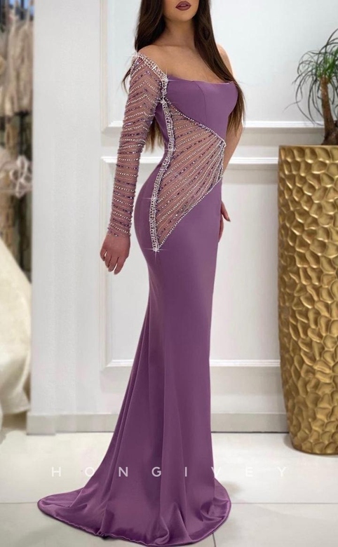 Sexy Satin Fitted Glitter One Shoulder Long Sleeve Beaded Gown