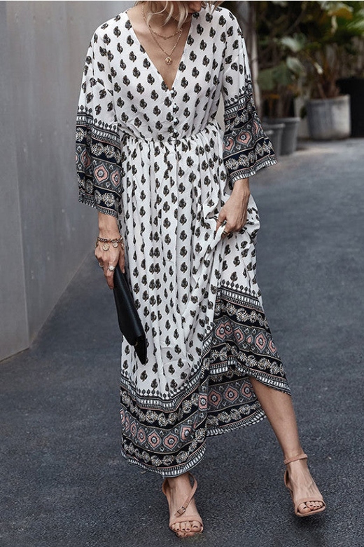 Boho V-Neck Buttoned Print Maxi Dress for Free-Spirited Elegance