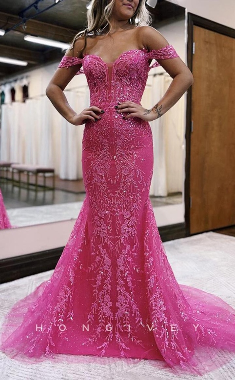 Sexy Fitted Glitter Off-Shoulder Appliques Train Party Prom Evening Dress