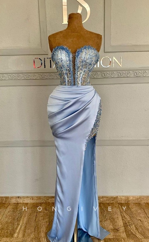 Sexy Glitter Sweetheart Strapless Satin Fitted Beaded Ruched Gown