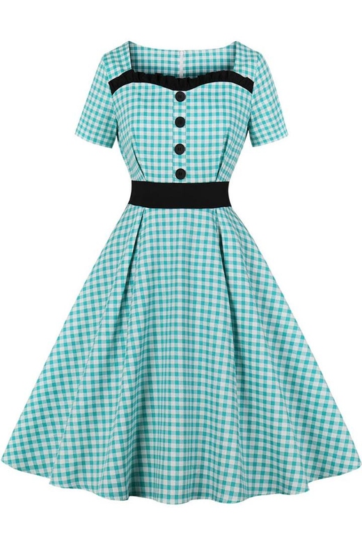 Gingham Square Collar Button Retro Dress for Classic Style