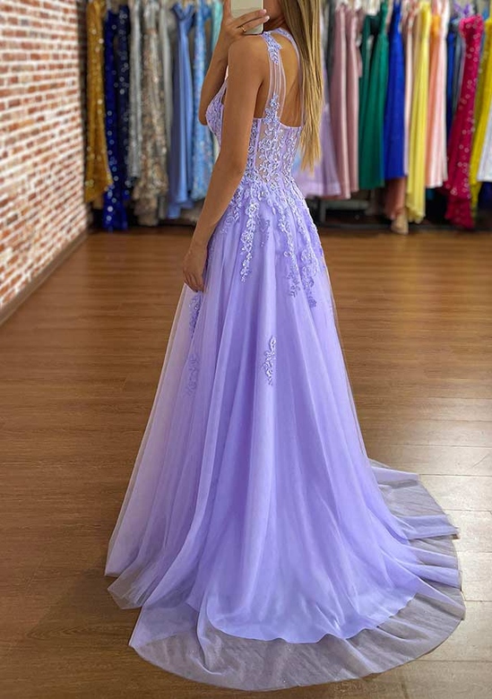 A-Line One-Shoulder Prom Dress with Appliques and Tulle Sweep Train