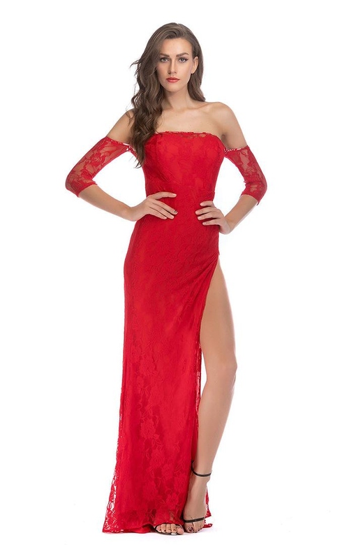 Sexy Red Off-the-Shoulder Lace Thigh-High Slit Long Dress for Boldness