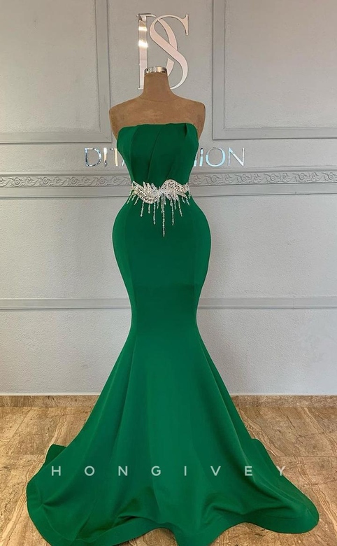 Sexy Trumpet Square Strapless Sleeveless Satin Beaded Gown