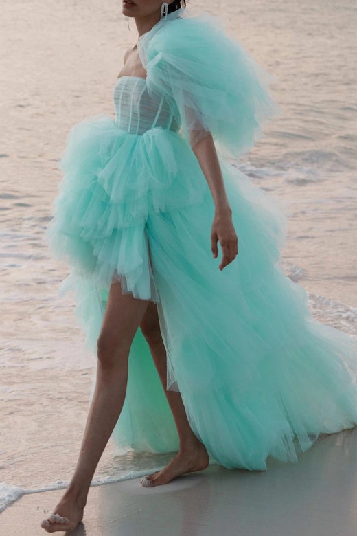 Mint One Shoulder Tulle High Low Prom Gown for Whimsical Elegance