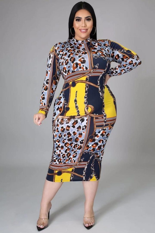 Plus Size Chic Print Long Sleeve Bodycon Dress for Fitted Elegance