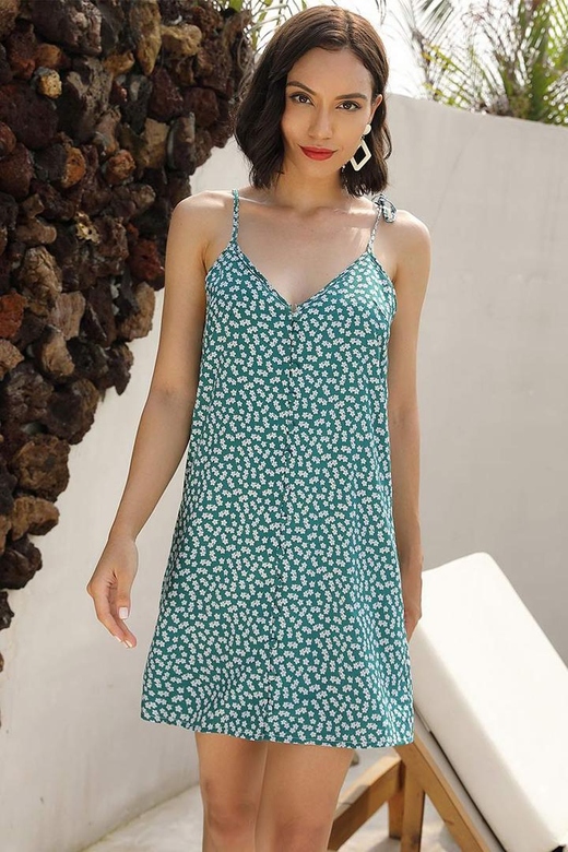 Green V-Neck Tie Shoulder Printed Dress for Nature-Inspired Elegance