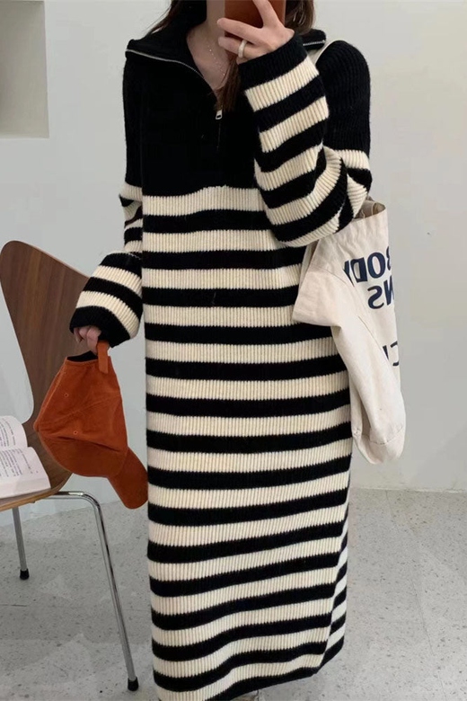 Zip Half Turtleneck Contrast Striped Mid-Length Knit Dress