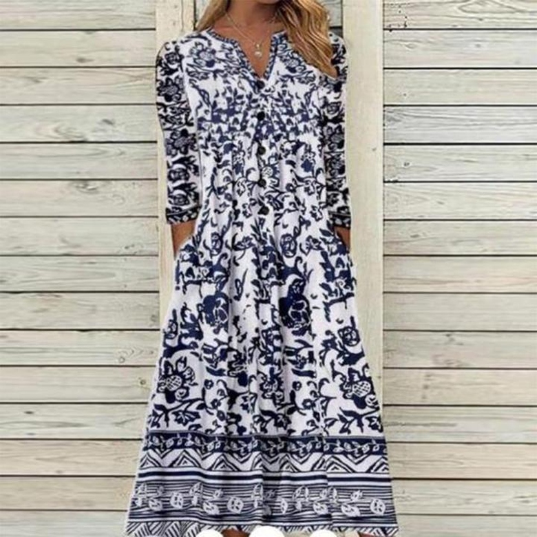 Trendy 3/4 Sleeve Print Midi Dress for Contemporary Fashion