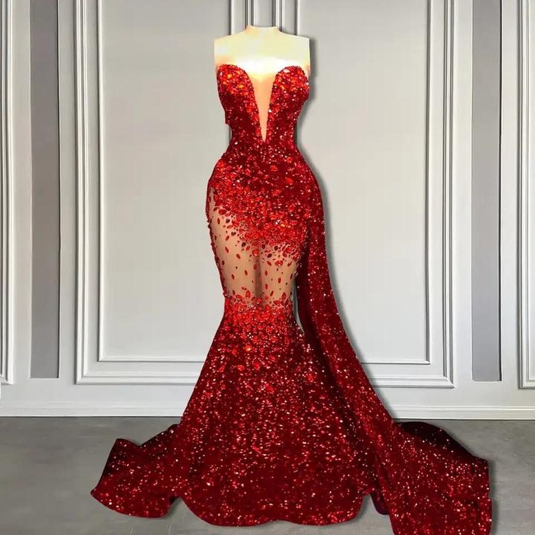 Elegant Red Mermaid Style with Sweetheart Sequins Ruffle