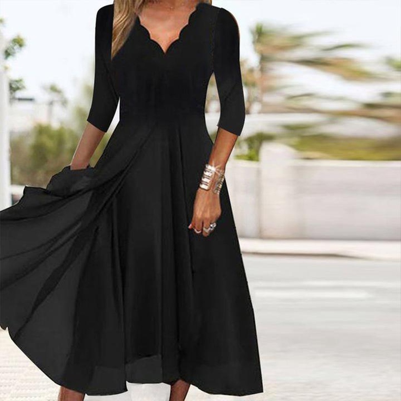 Classy Black Plain V-Neck Midi Dress for Understated Elegance