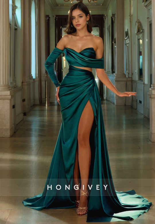 Satin A-Line One Shoulder Long Sleeve Side Slit Long Prom