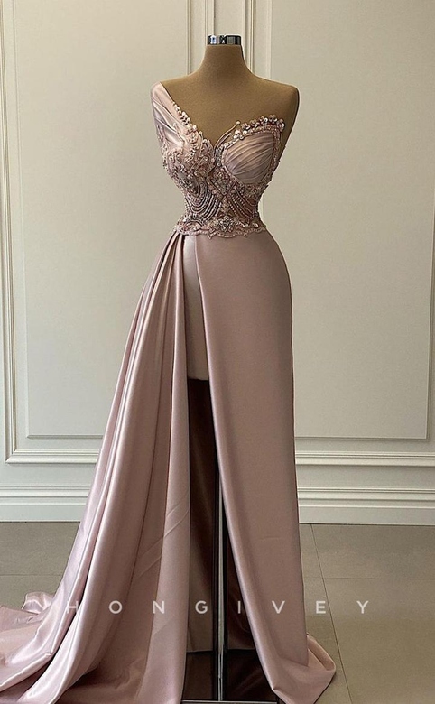 Glamorous Satin Trumpet One Shoulder Beaded Ruched Train Prom