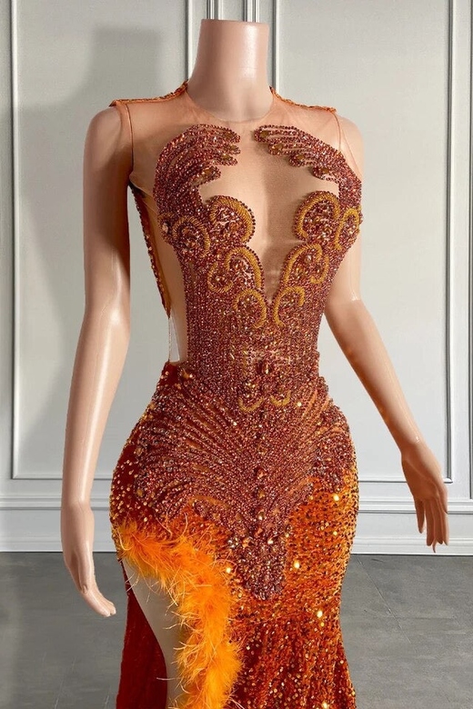 Burnt Orange Sequins Mermaid Prom Dresses with Side Slit