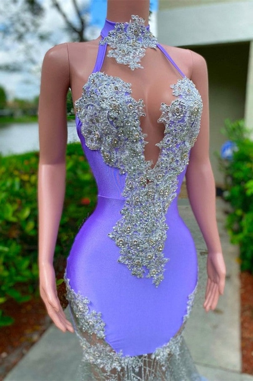 Lavender High Neck Feathered Appliques Mermaid Prom Dress