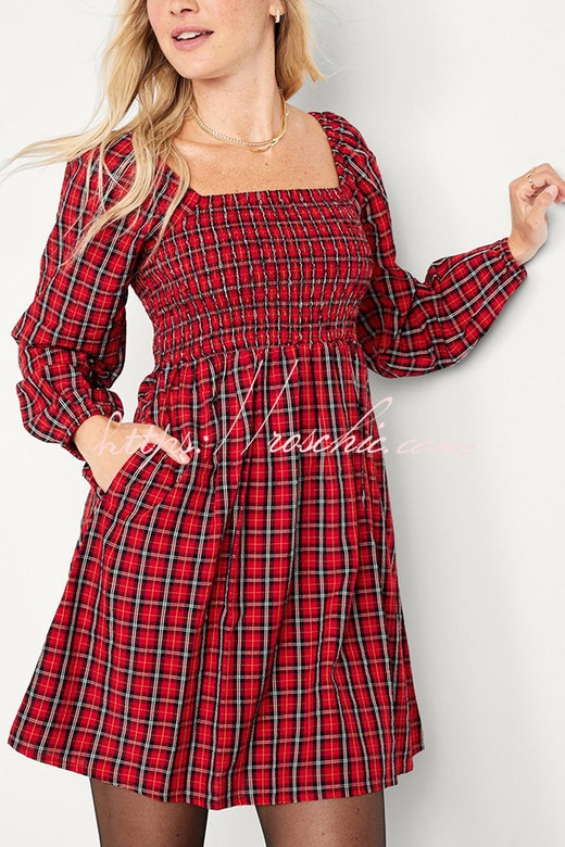 Holiday Carols Plaid Smocked Pocket Babydoll Mini