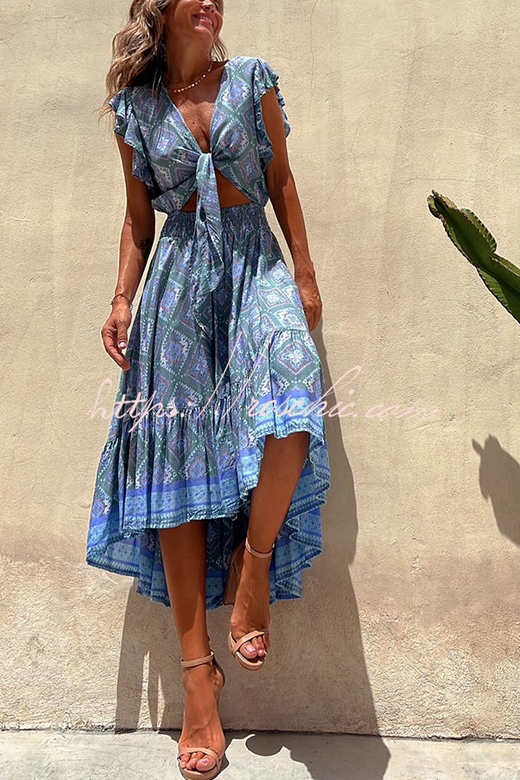 Libby Hippie Boho Tie Front Ruffle Midi Dress