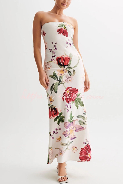 Sicilian Glam Satin Floral Strapless Fishtail Maxi Dress