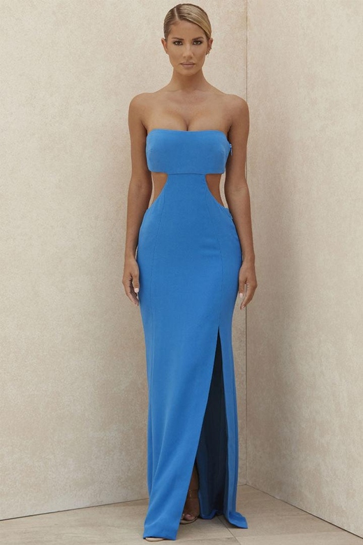 Charming Strapless Cut Out High Slit Blue Prom Formal Dress