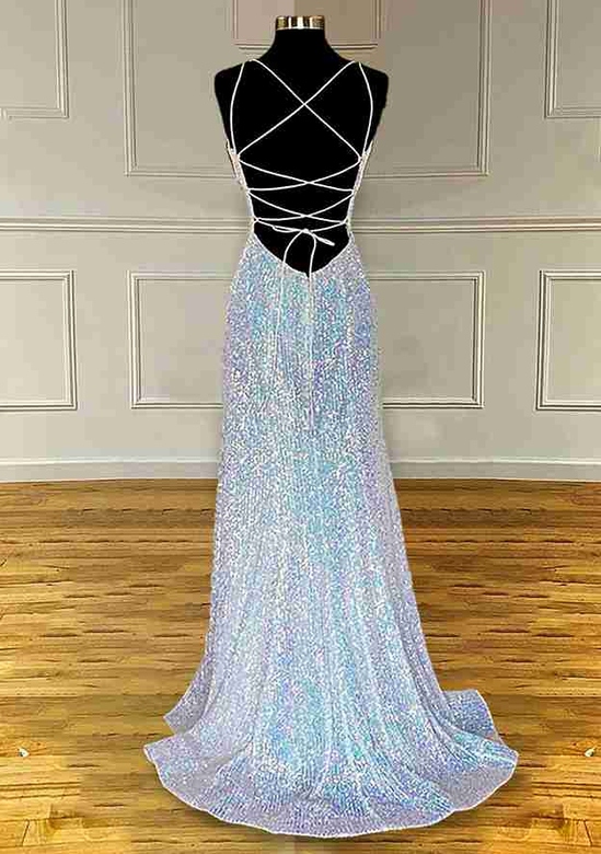 Sequined Prom Dress with Pleated Sheath/Column V-Neck and Sweep Train