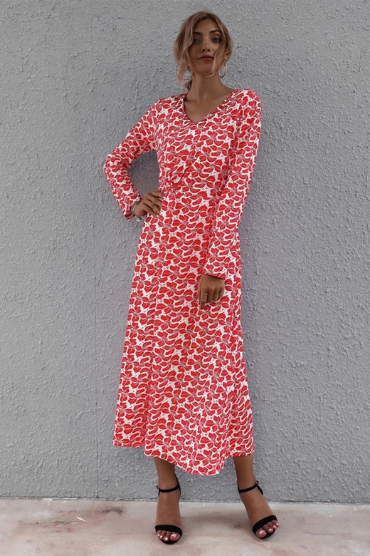 V-neck Printed Waist Slit Long Sleeve Dress