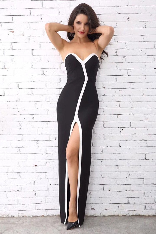 Strapless Thigh-High Slit Black Sheath Bandage Dress for Drama