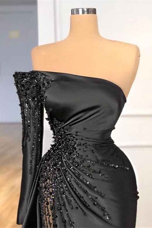 Glamorous Black Long Sleeve One-Shoulder Beaded Prom Dress