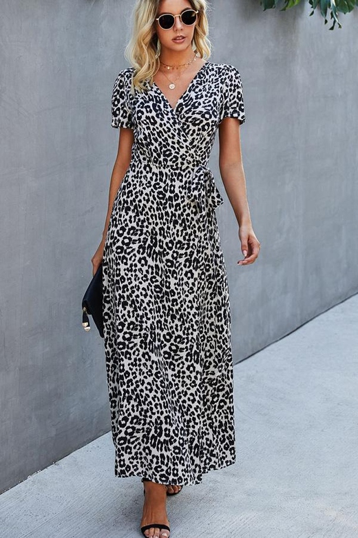 Leopard Print V-Neck Side Slit Maxi Dress for Bold Look