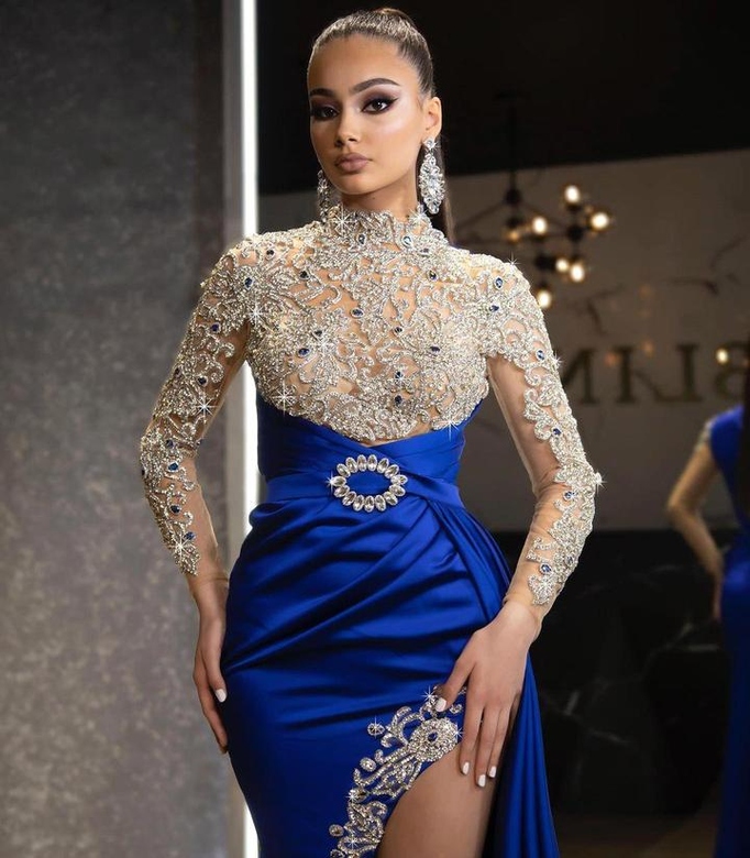 Long Sleeves Royal Blue High Split Sparkle Beaded Prom Dress