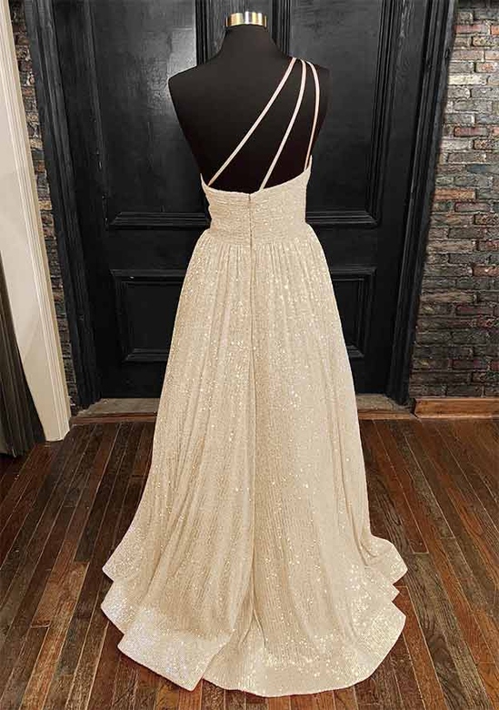 A-Line One-Shoulder Sleeveless Long Sequined Prom Dress with Pockets