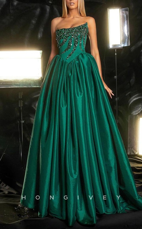 Attractive Satin A-Line Asymmetrical Strapless Beaded Floor-Length