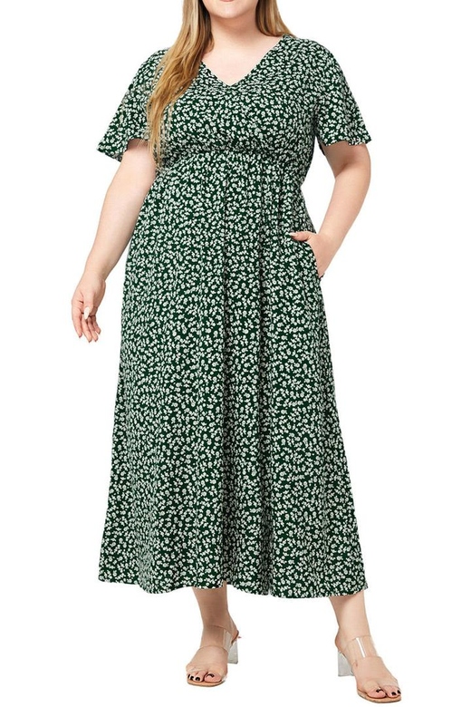 Floral V-Neck Plus Size Green Bohemian Beach Dresses