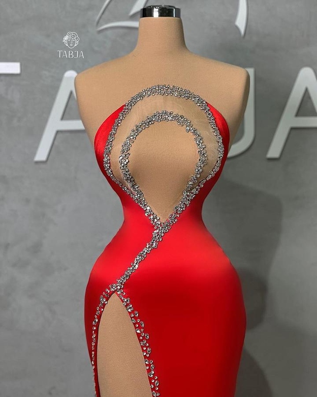 Classic Red Beaded Sleeveless Slit Mermaid Prom Dresses